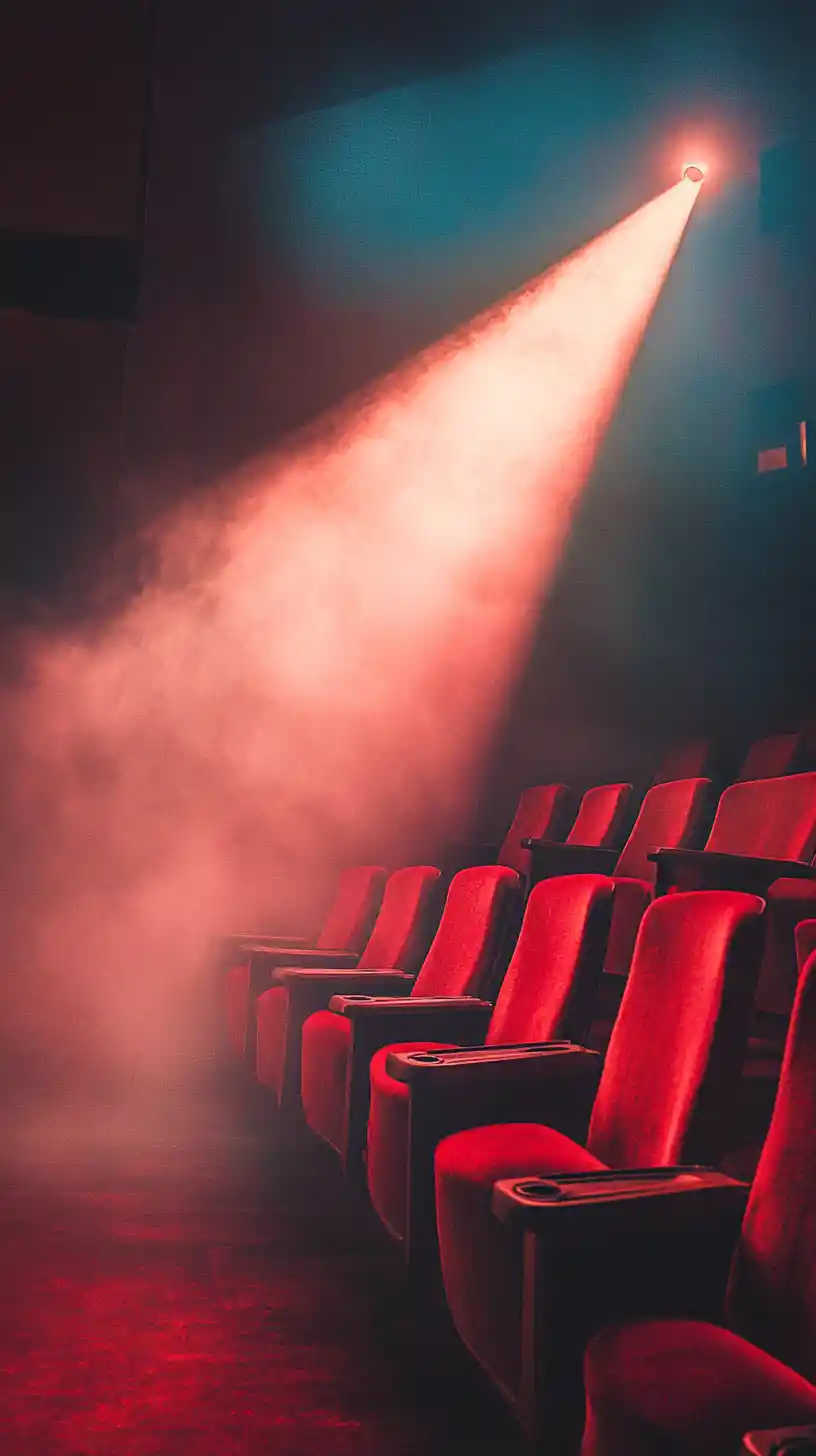 Vintage cinema interior with warm projector light and red seats