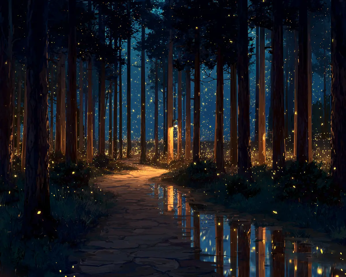 Forêt nocturne mystérieuse avec sentier lumineux et sol étoilé