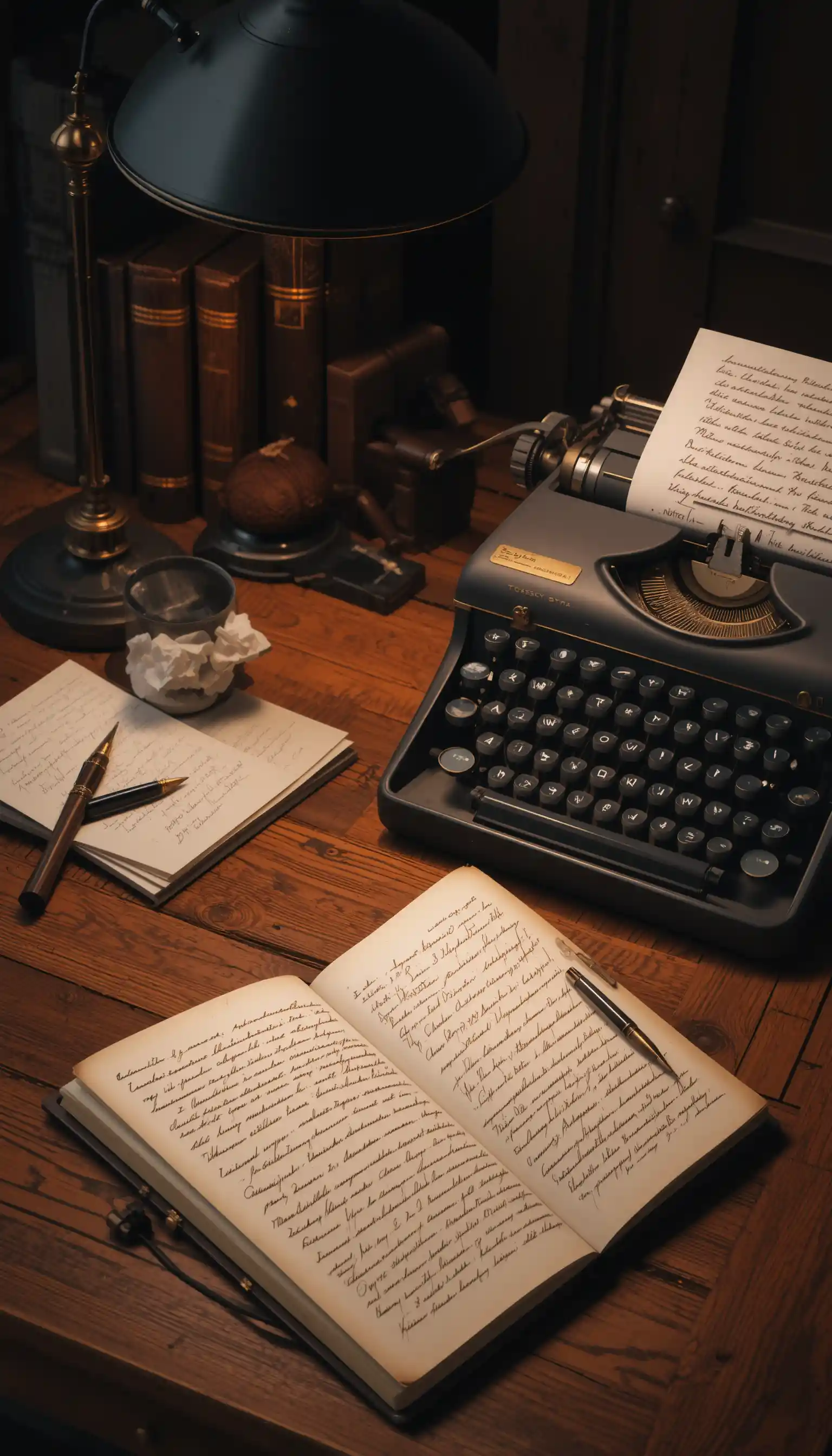 Vintage-Schreibmaschine und Notizbuch auf warmem Holztisch