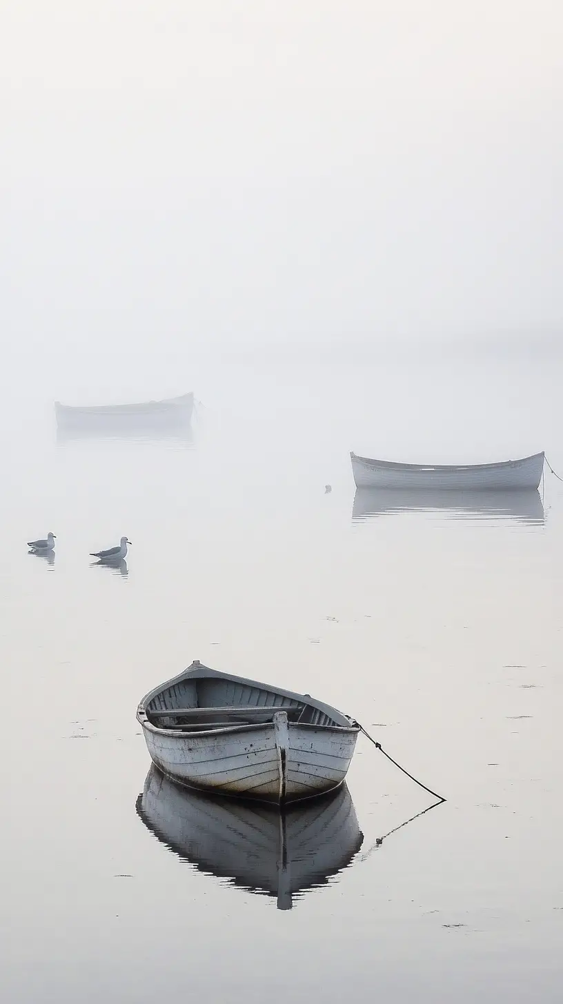 Small fishing boats drifting quietly on foggy morning water