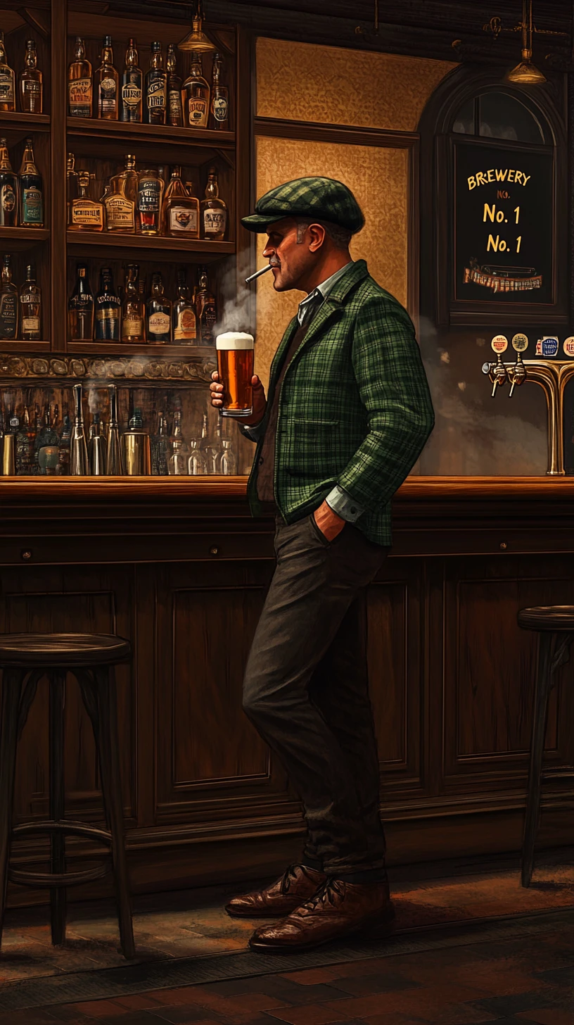 Man With Beer At Wooden Bar In Vintage Pub