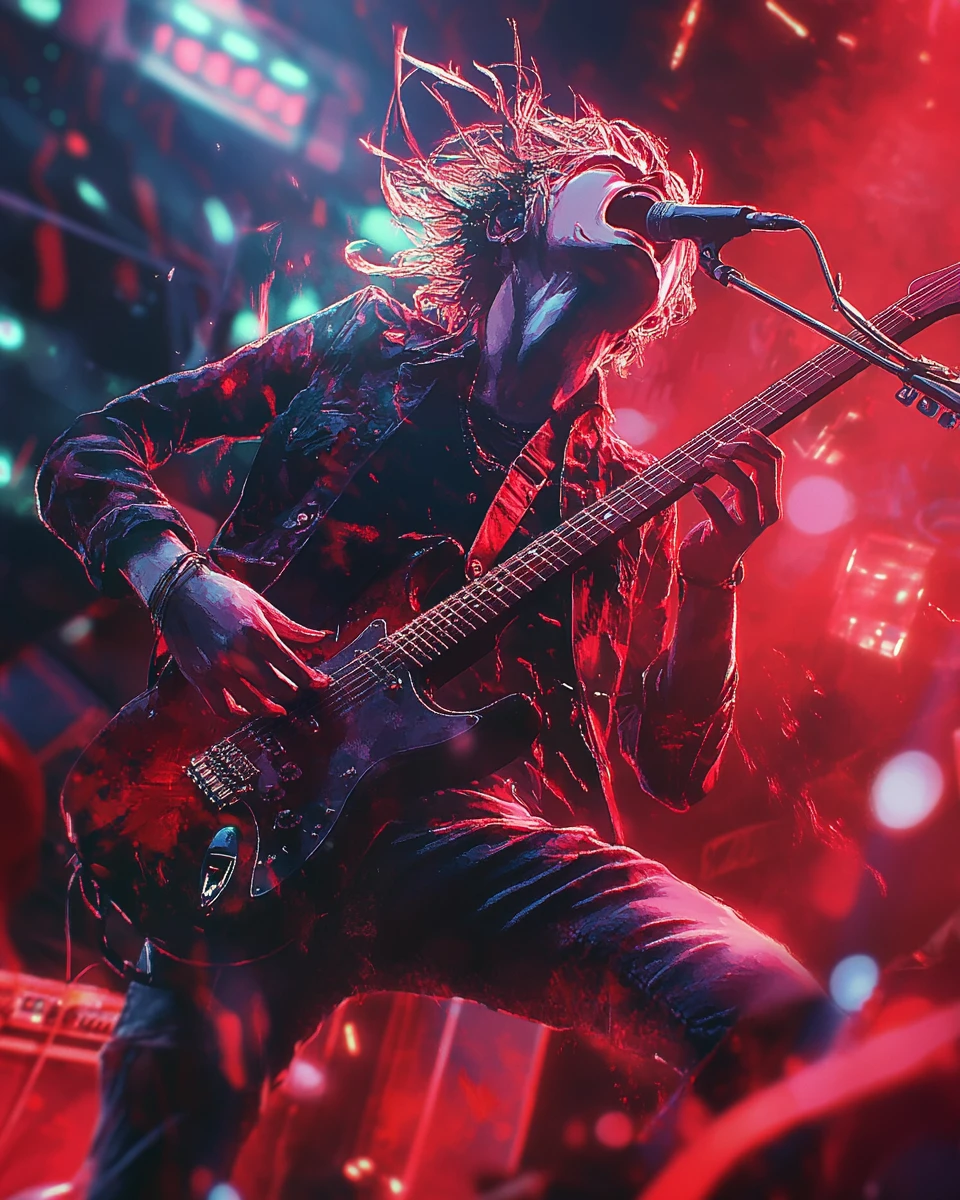 Anime musician singing passionately under dark red stage lights