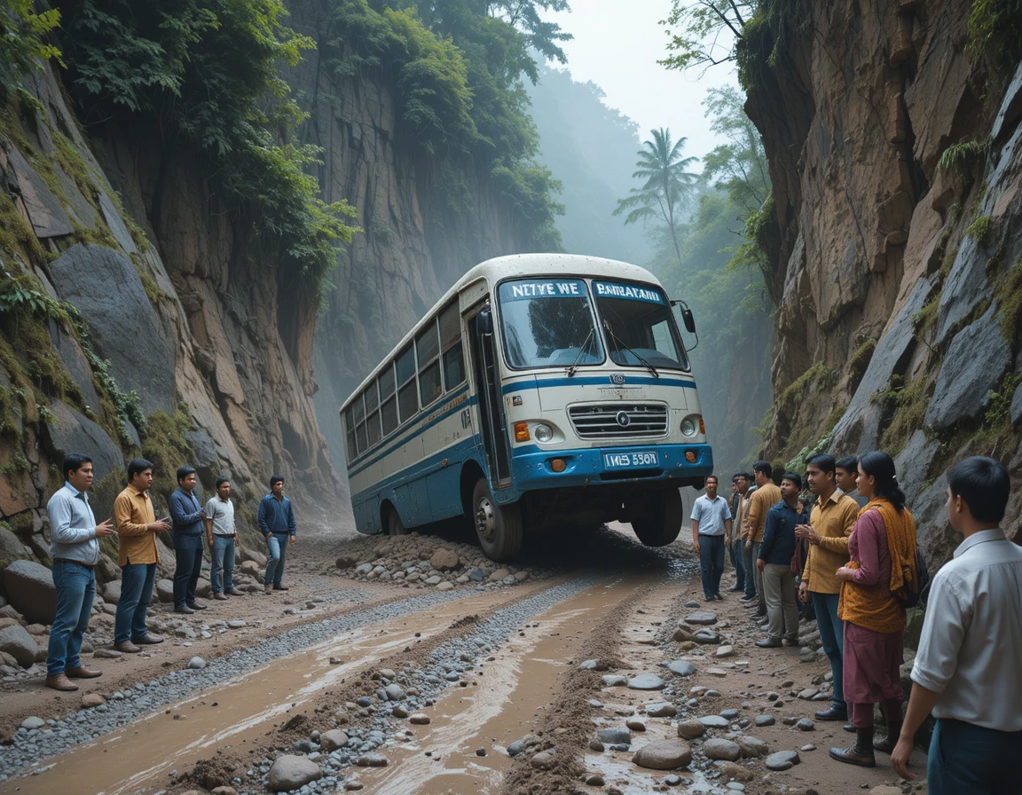 巴士卡在泥濘山路上，人群圍觀