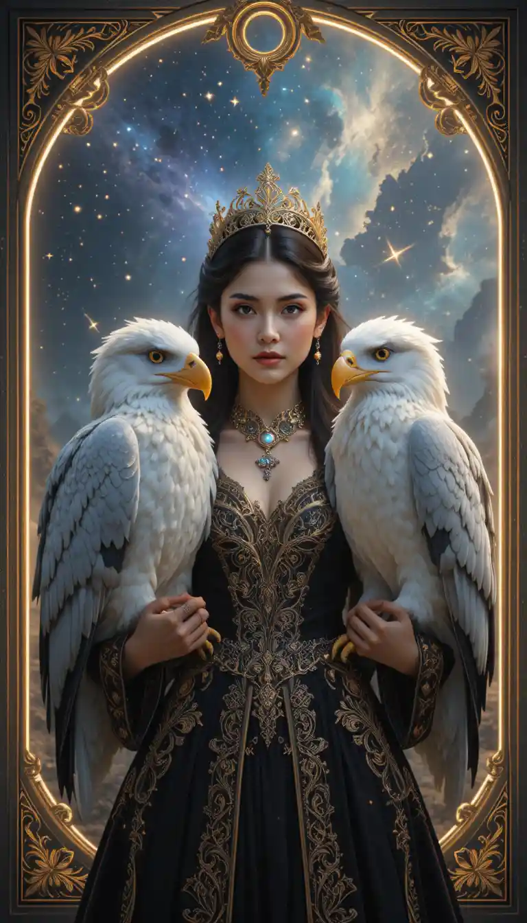 Young queen holding eagles in a glowing cosmic realm