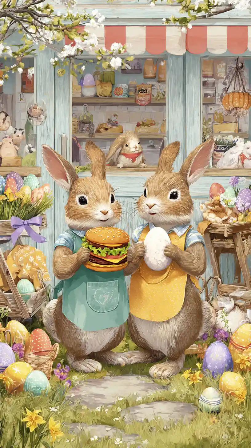 Two playful easter rabbits in a spring market scene
