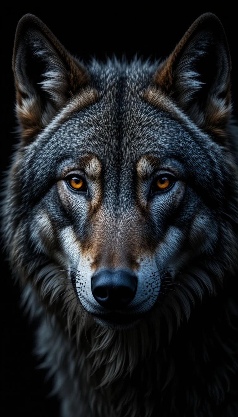 Close up portrait of a gray wolf with intense amber eyes
