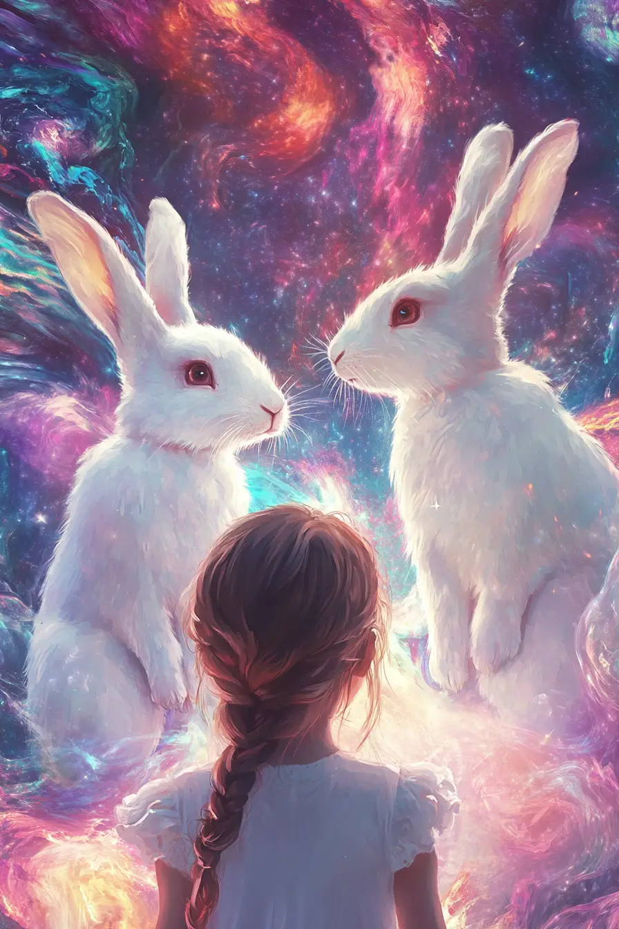 Young girl with giant white rabbits in cosmic scene