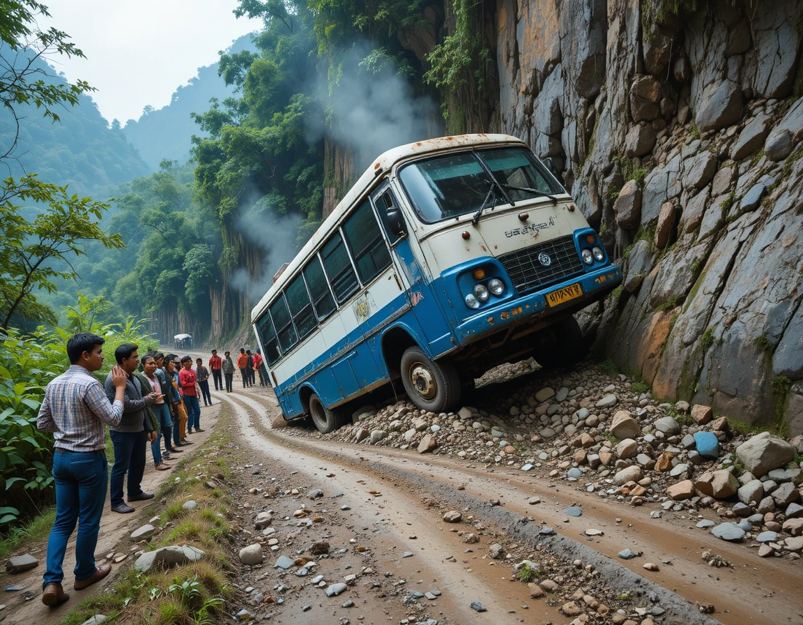 Bus tilted on muddy mountain road with concerned bystanders