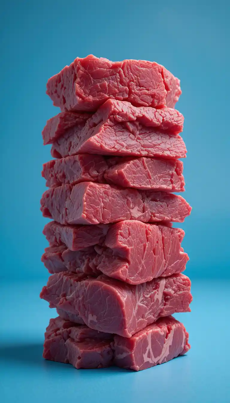Stacked raw beef slices against a simple blue background