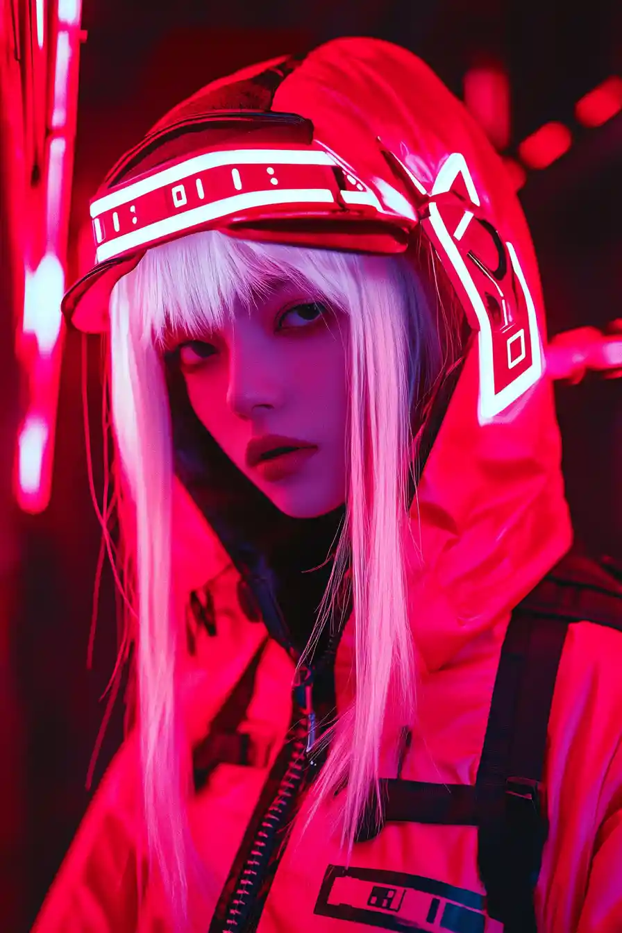 Blond woman in futuristic Kiev nightclub with neon details