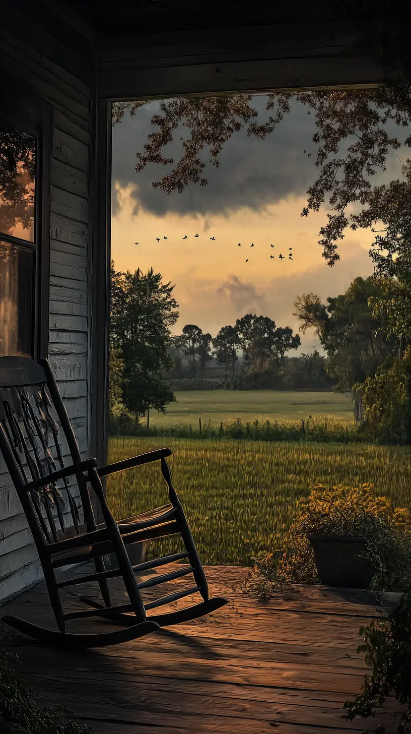 Empty rocking chair on a quiet porch at dusk