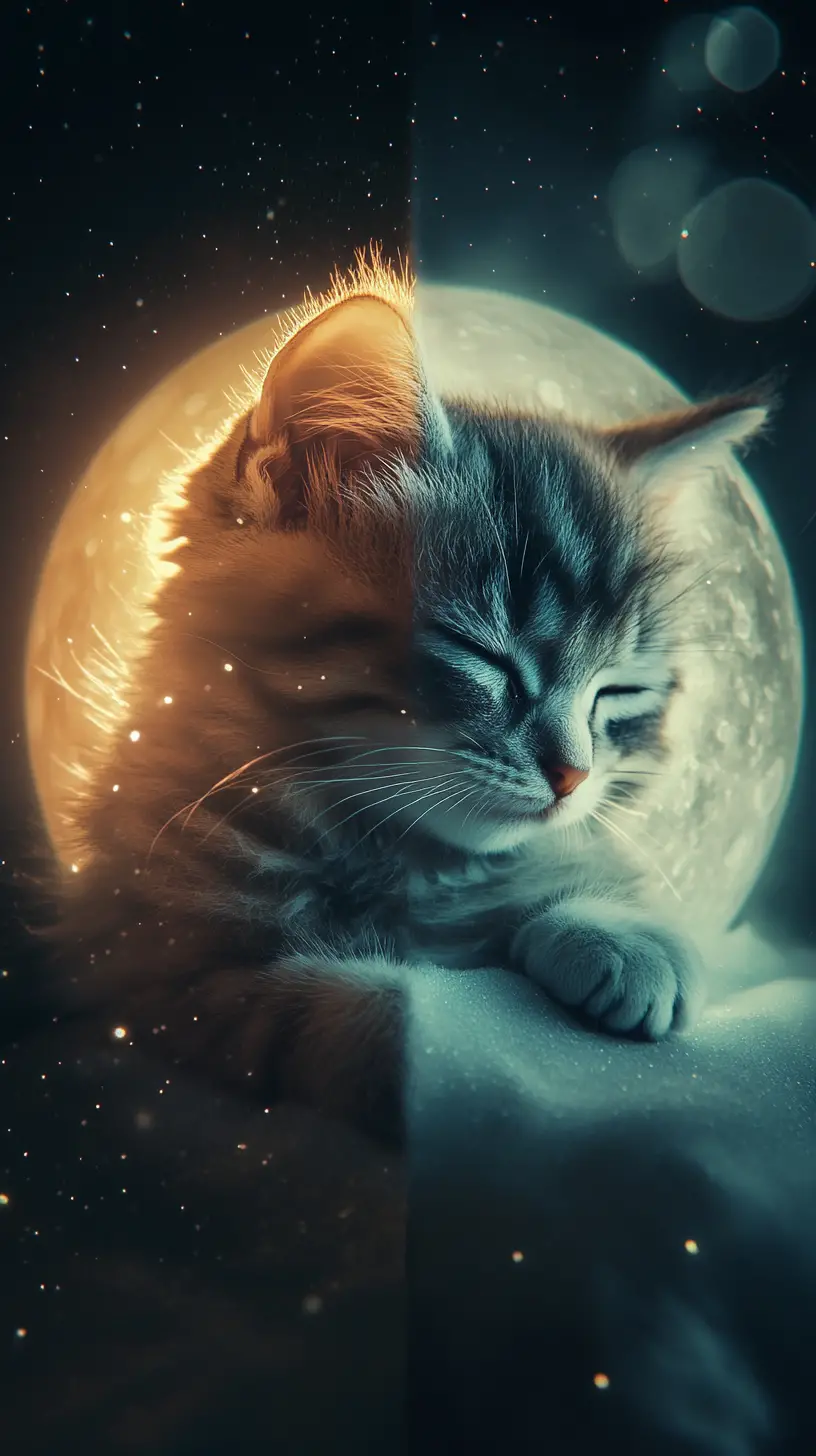 Glowing Fantasy Kitten Beside A Sleepy Surreal Moon