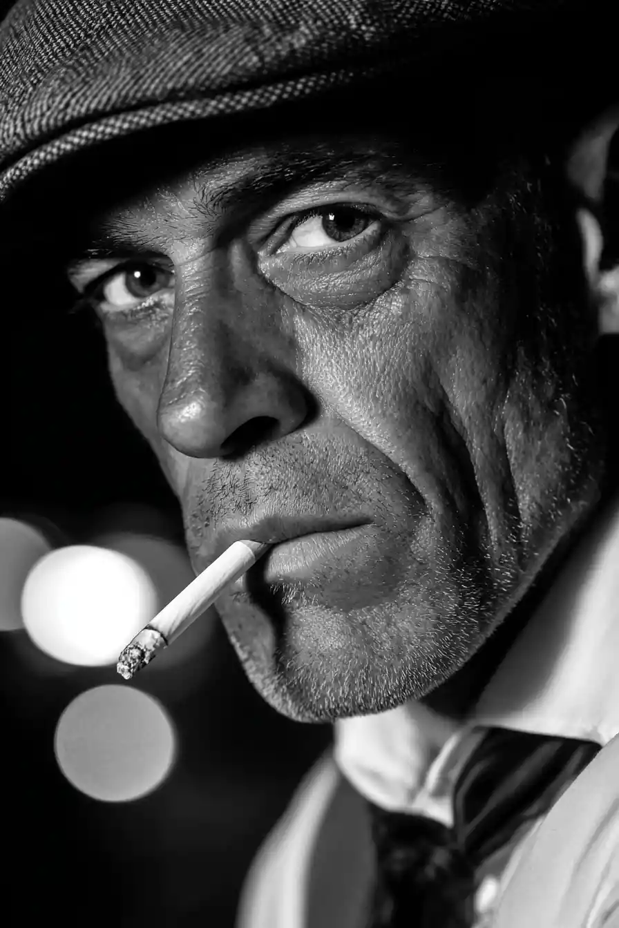 Gritty black and white close up portrait of smoking man
