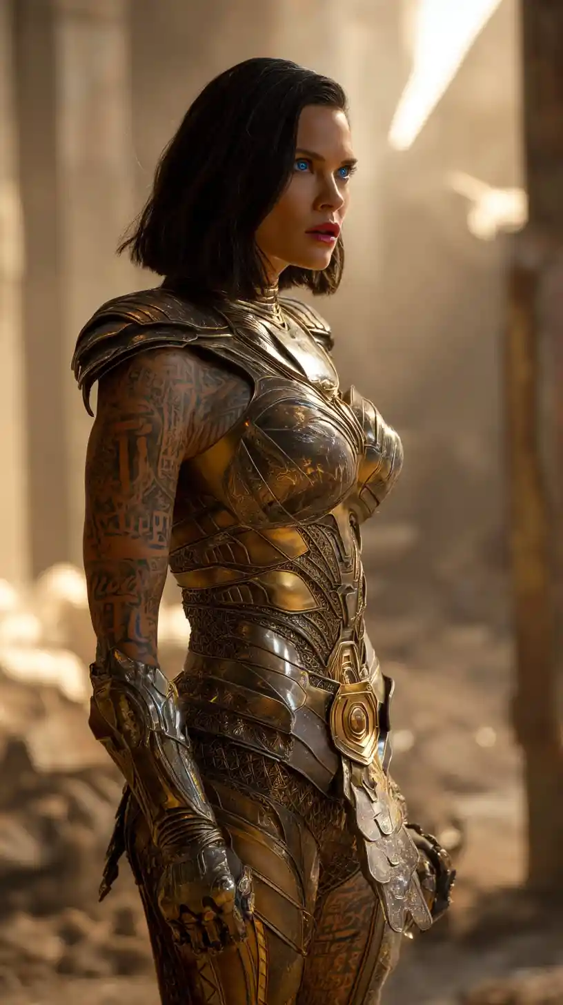Muscular Arabian warrior woman in golden sci fi armor