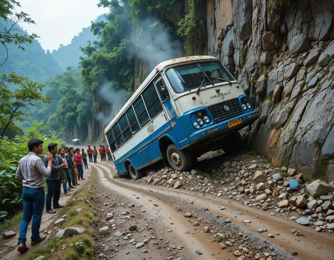 Bus tilted on muddy mountain road with concerned bystanders