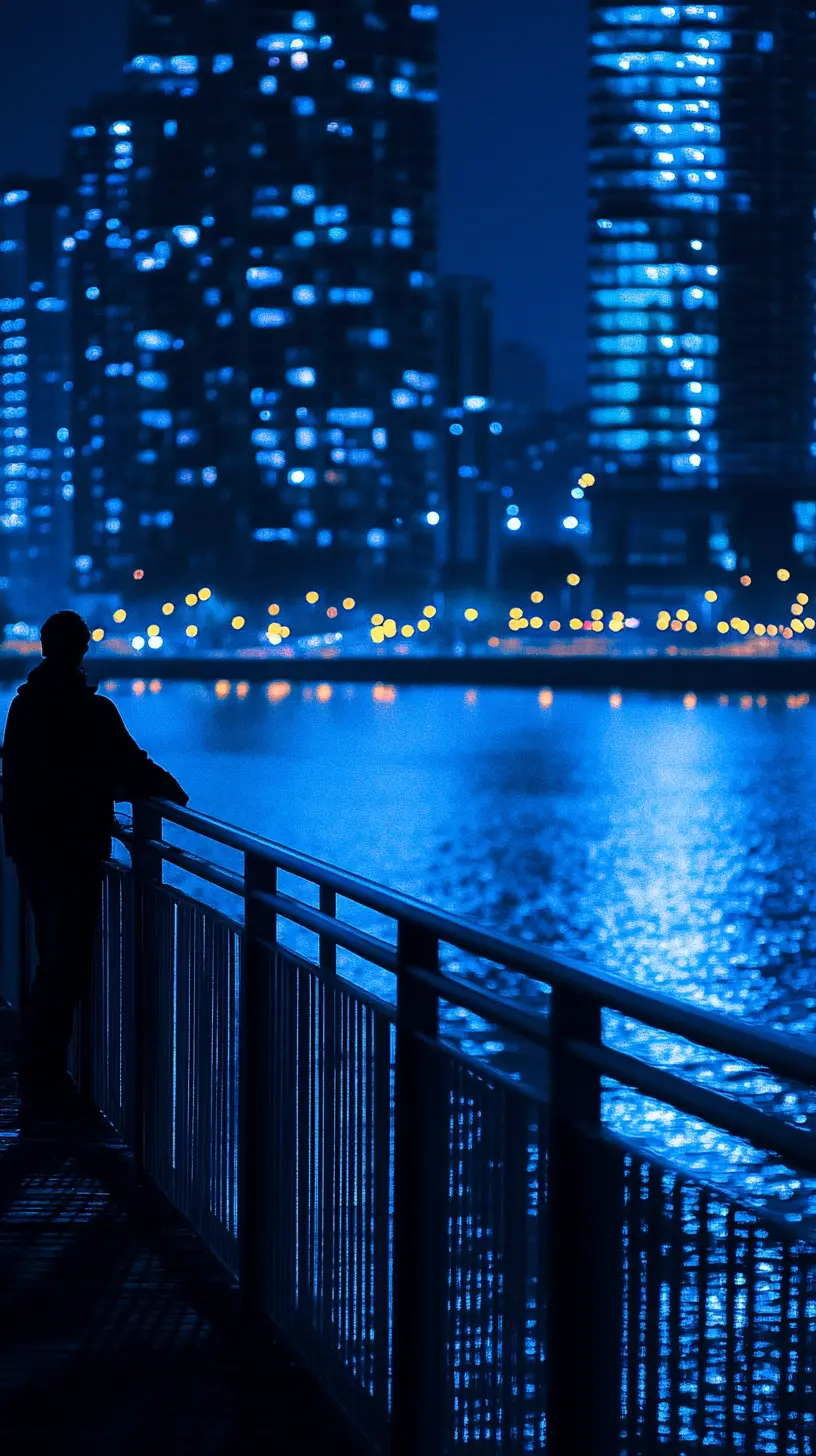 Einsame Gestalt auf einer Stadtbrücke in der blauen Stunde