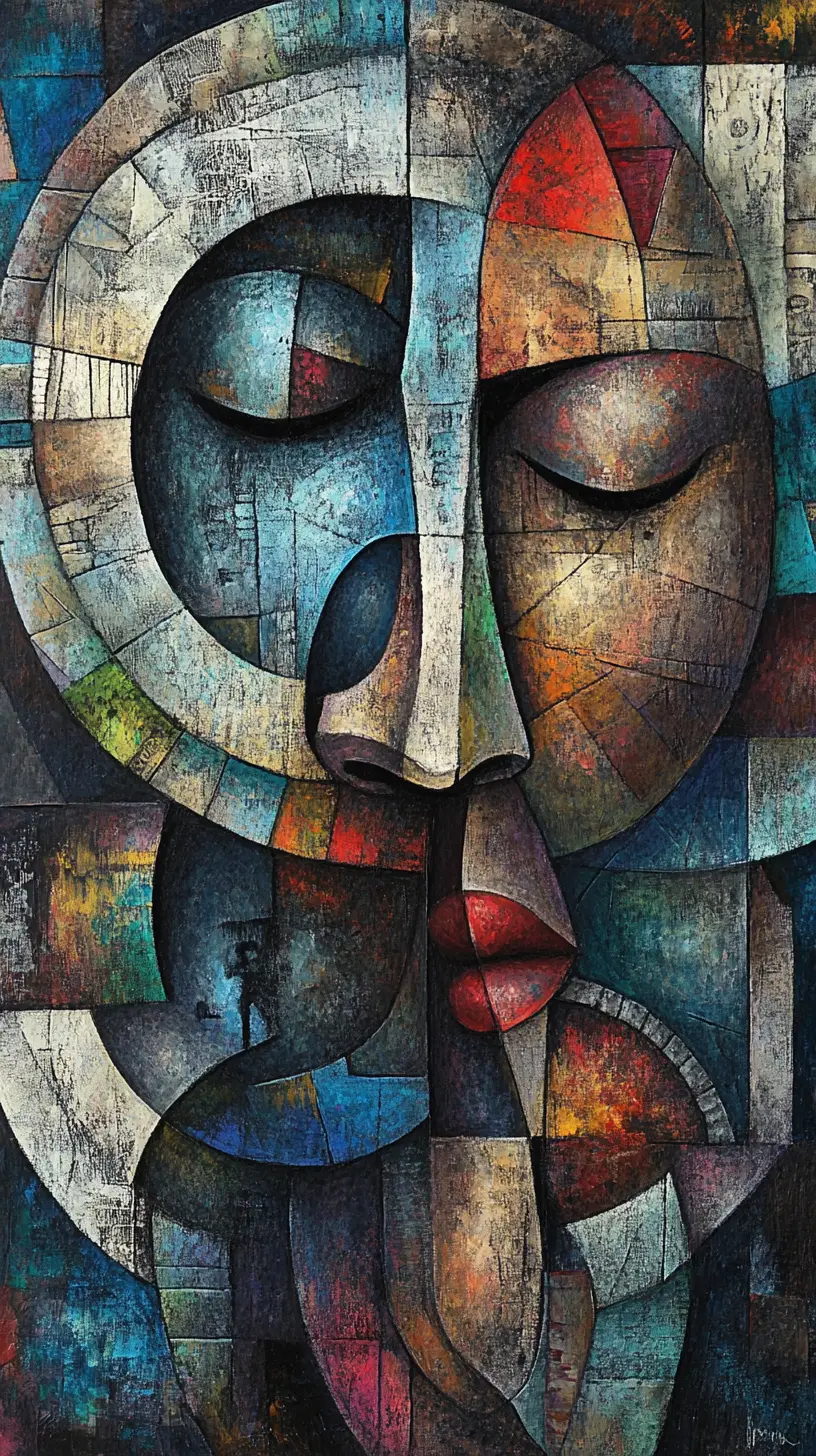 Surreal cubist portrait of fragmented human faces