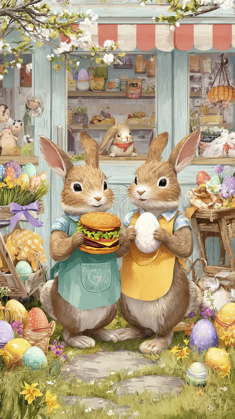 Two playful easter rabbits in a spring market scene