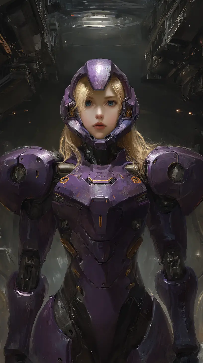 Female android warrior in purple armor in space hangar