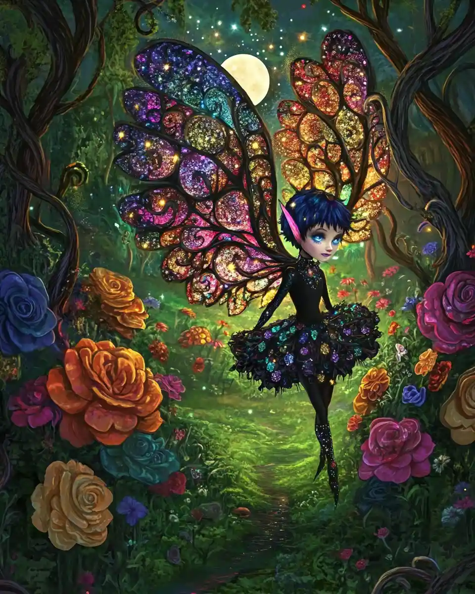 Enchanted Sprite In A Moonlit Garden Of Giant Flowers