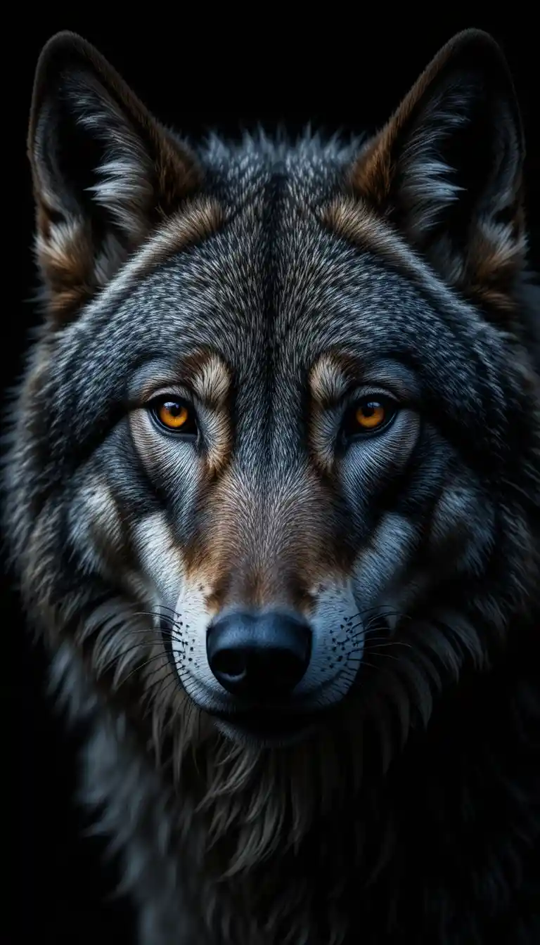 Close up portrait of a gray wolf with intense amber eyes