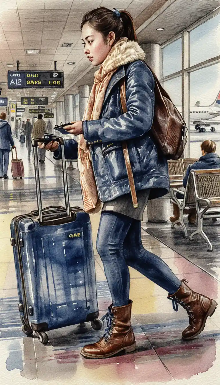 Asian woman with luggage walking through busy airport terminal