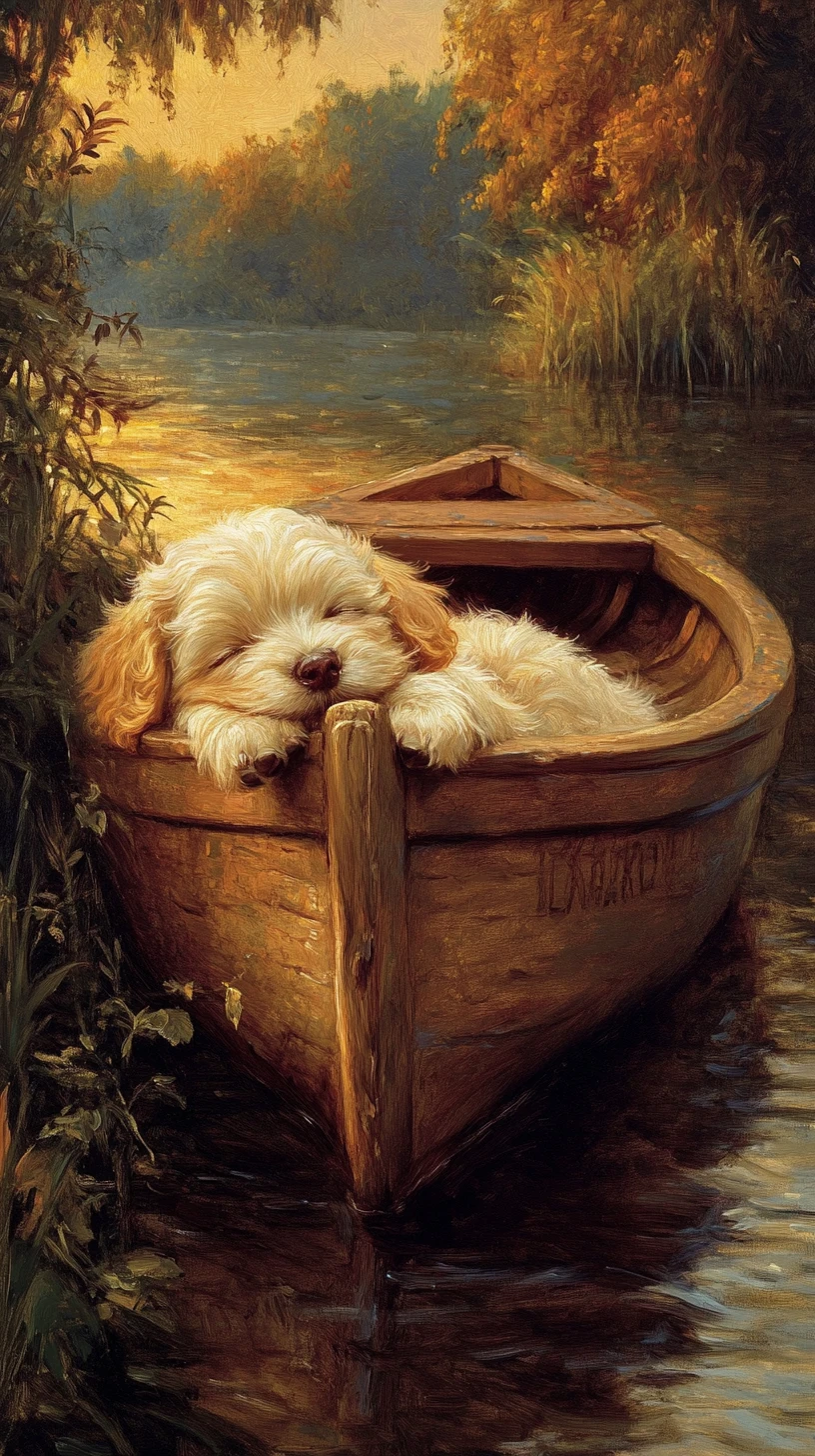 Sleepy puppy in a wooden boat by a misty riverbank