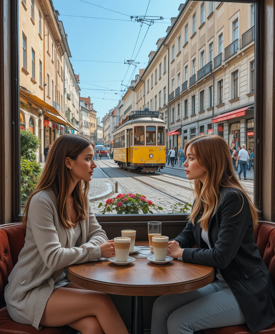 Dos mujeres jóvenes conversando en una mesa de café en una calle de Lisboa