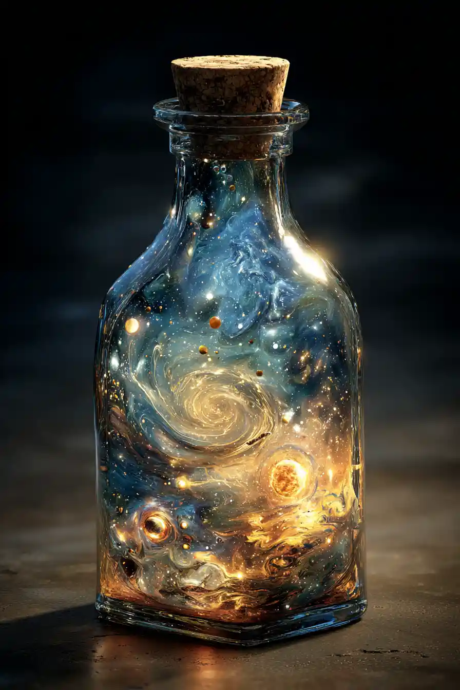 Glass bottle containing a glowing cosmic universe inside
