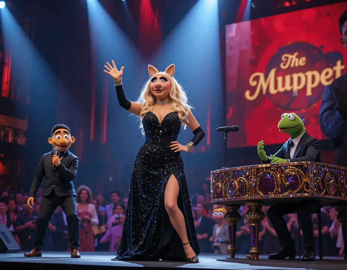Miss Piggy liderando un glamuroso musical de los Muppets en el escenario