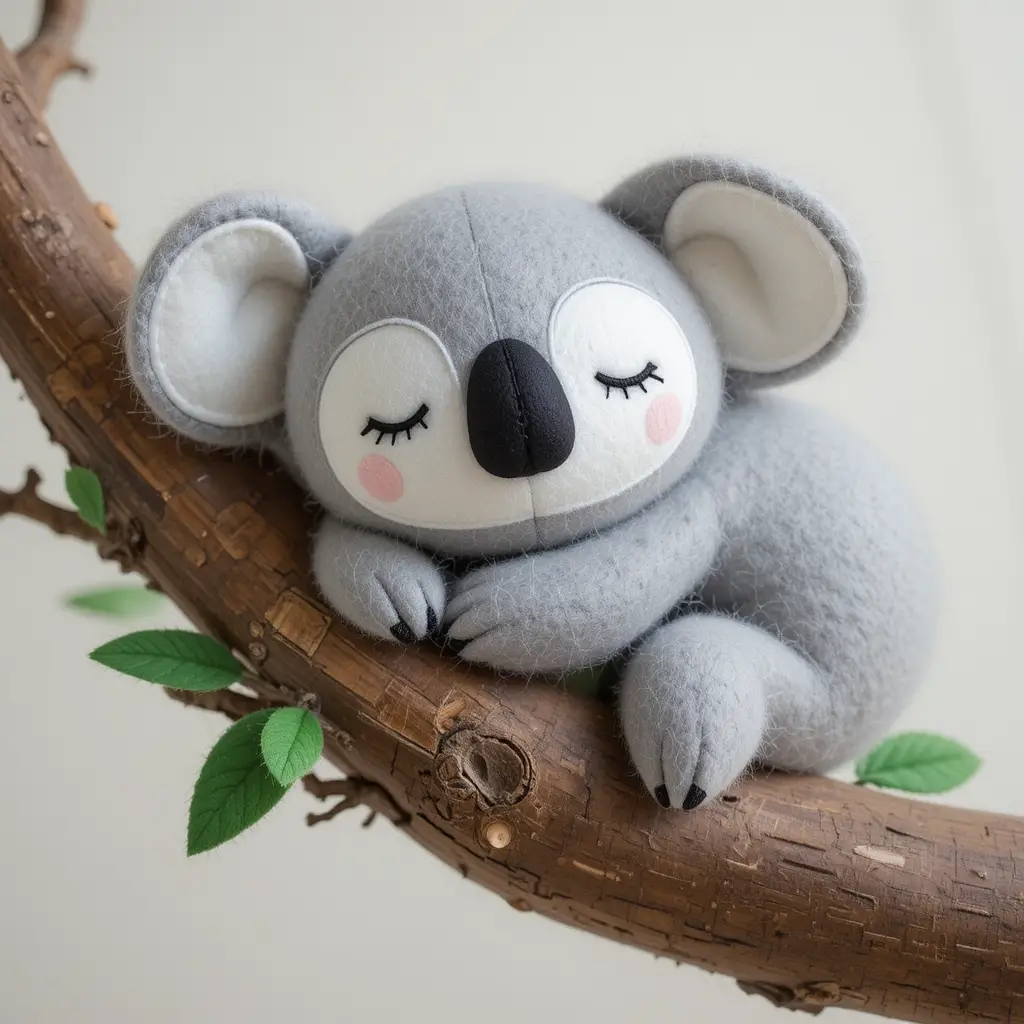 Koala en feutrine endormi, blotti contre une douce branche brune