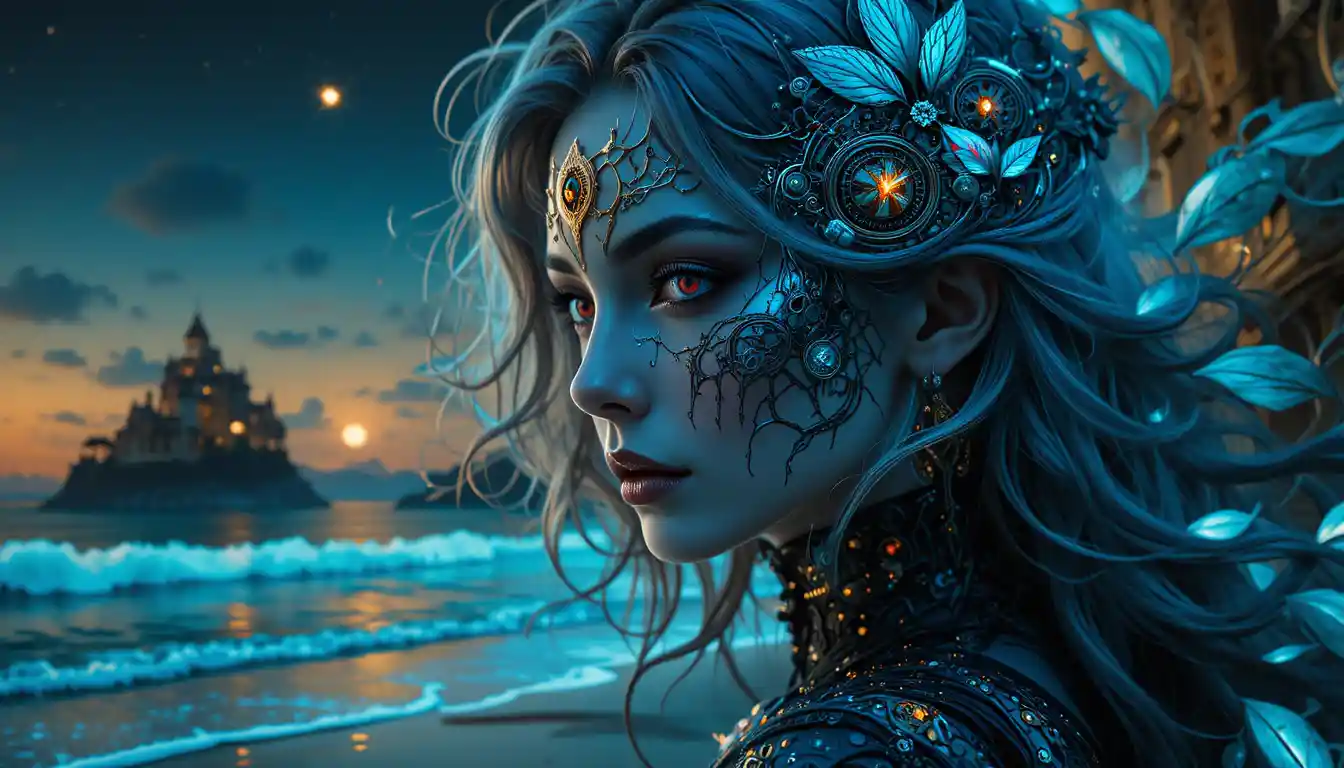 Mechanical phoenix and mask within surreal fractal worlds