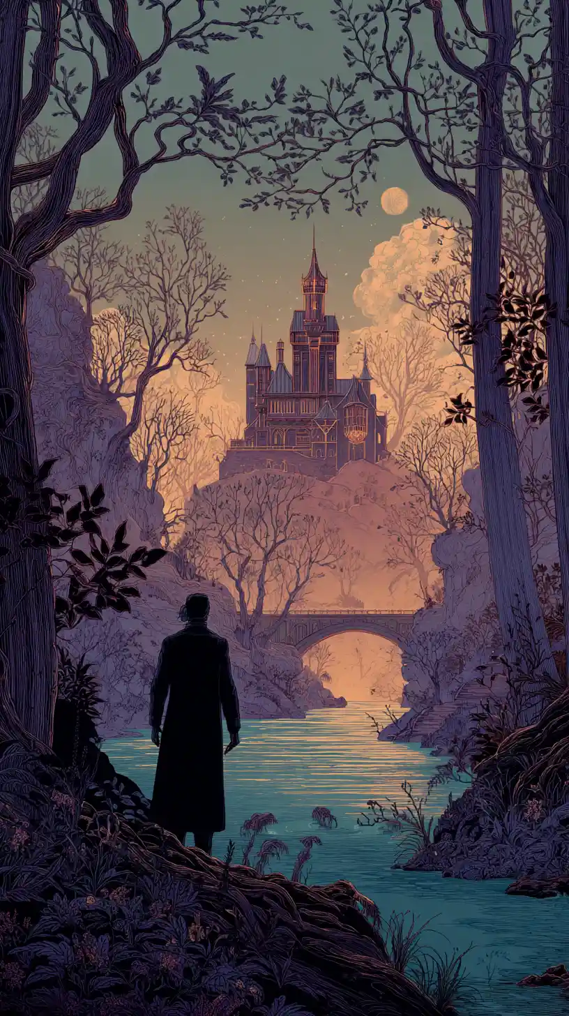Wizard Silhouette Before A Mystical Castle At Twilight