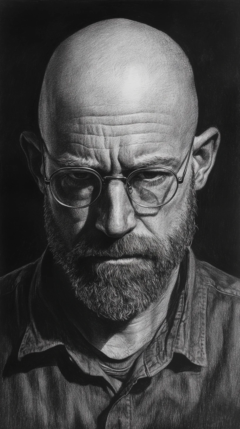 Graphitporträt eines kahlköpfigen Mannes in stiller, intensiver Konzentration