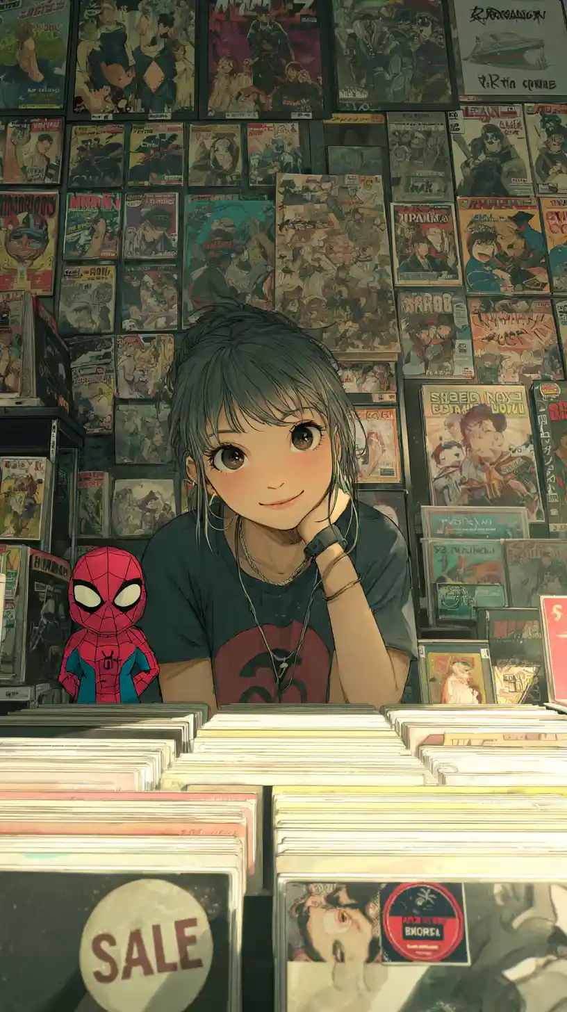 Anime girl waving behind counter in comic shop