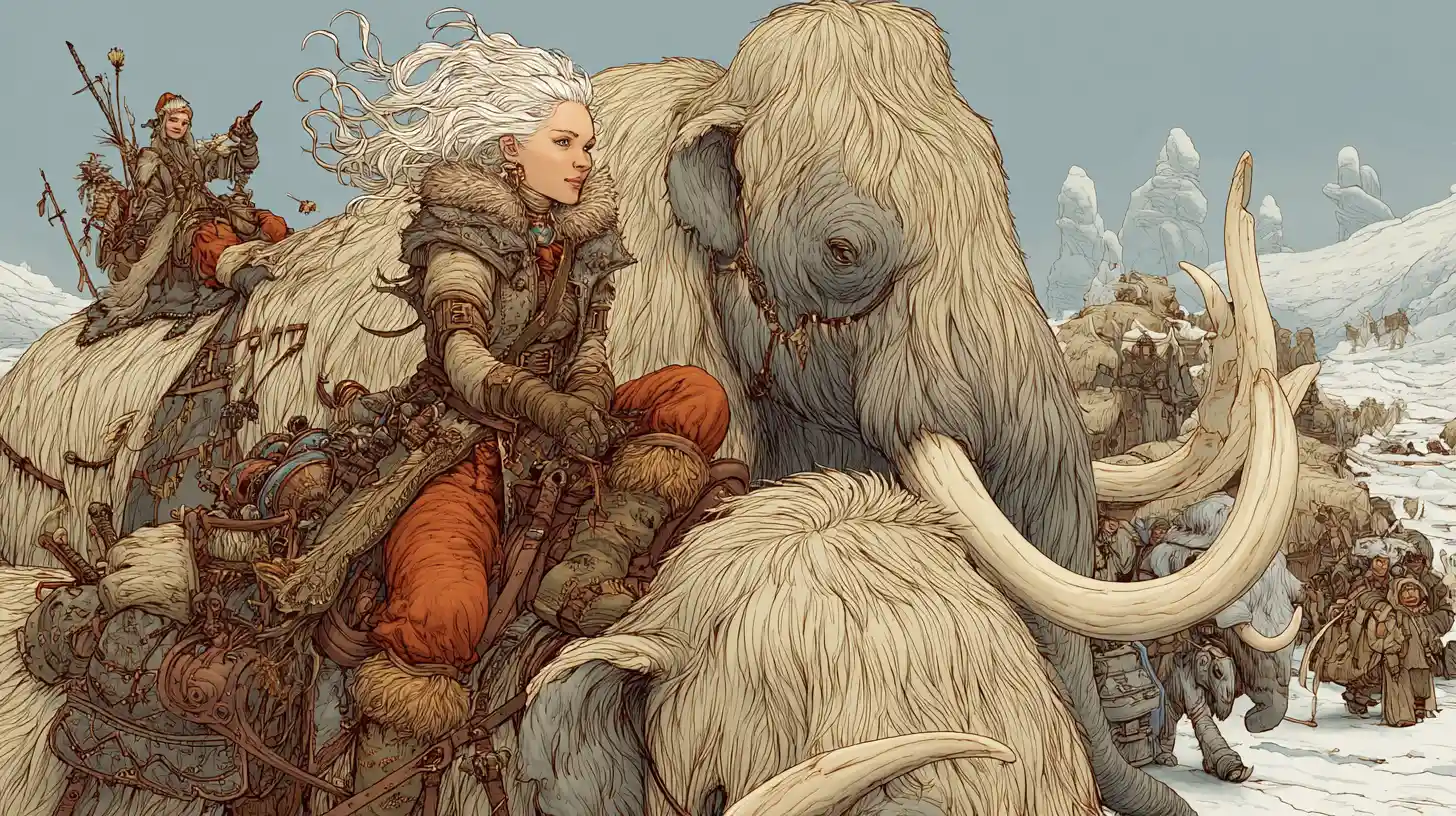 Steampunk barbarian girl riding a woolly mammoth