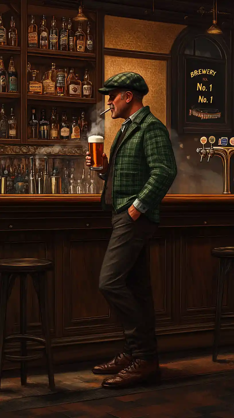 Man With Beer At Wooden Bar In Vintage Pub