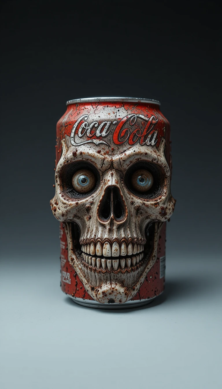 Teschio di lattina di soda arrugginita con audace branding bianco