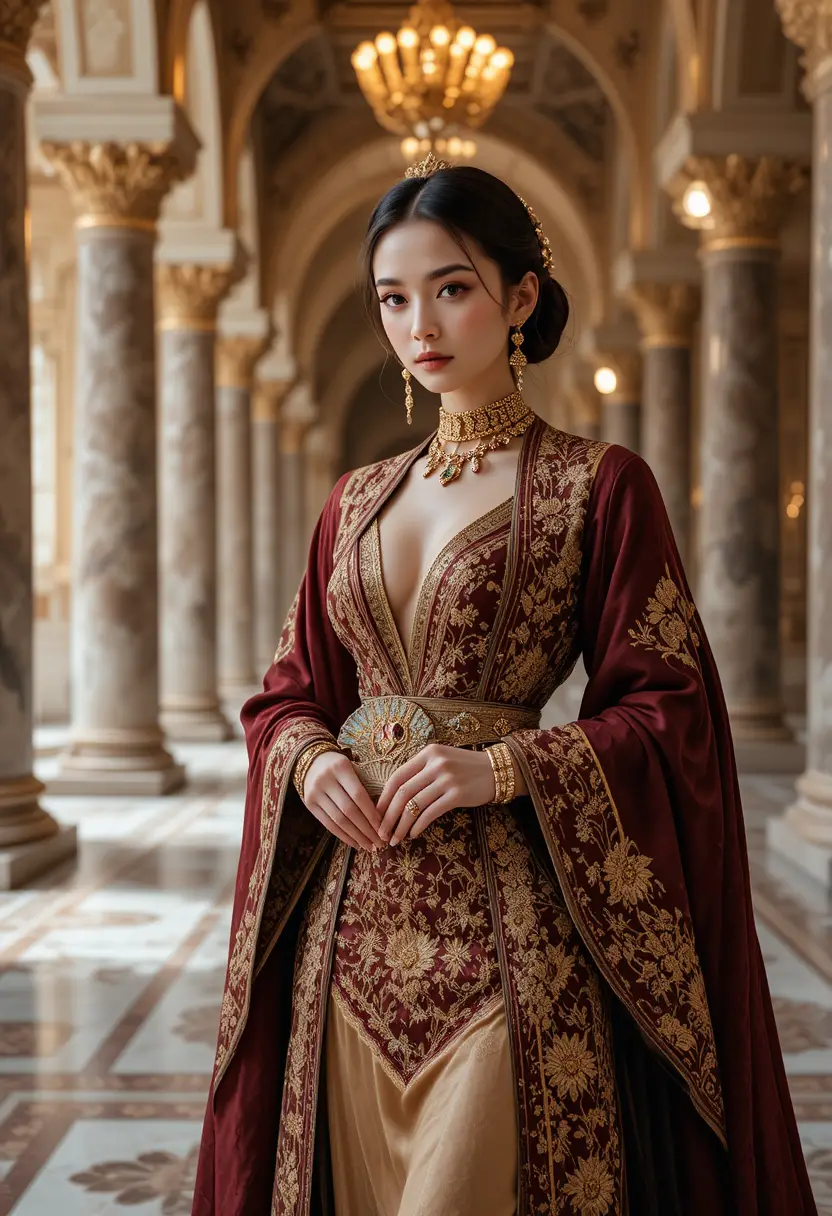 Mujer de moda couture otomana en interior de palacio real