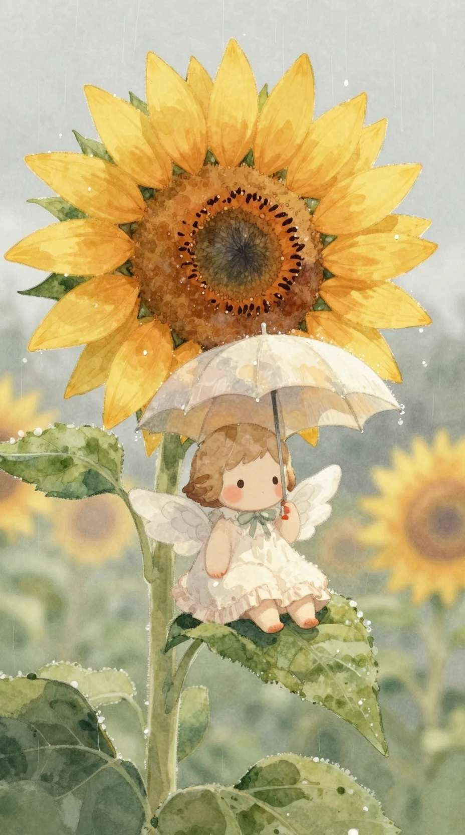 Winziges geflügeltes Wesen, das im Regen unter einer Sonnenblume Schutz sucht