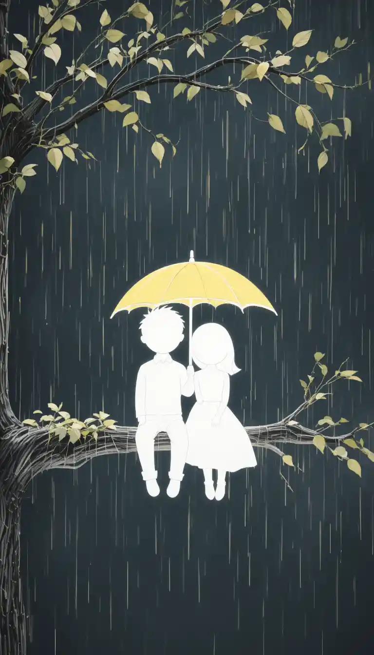Sketch couple on a rainy branch under a yellow umbrella