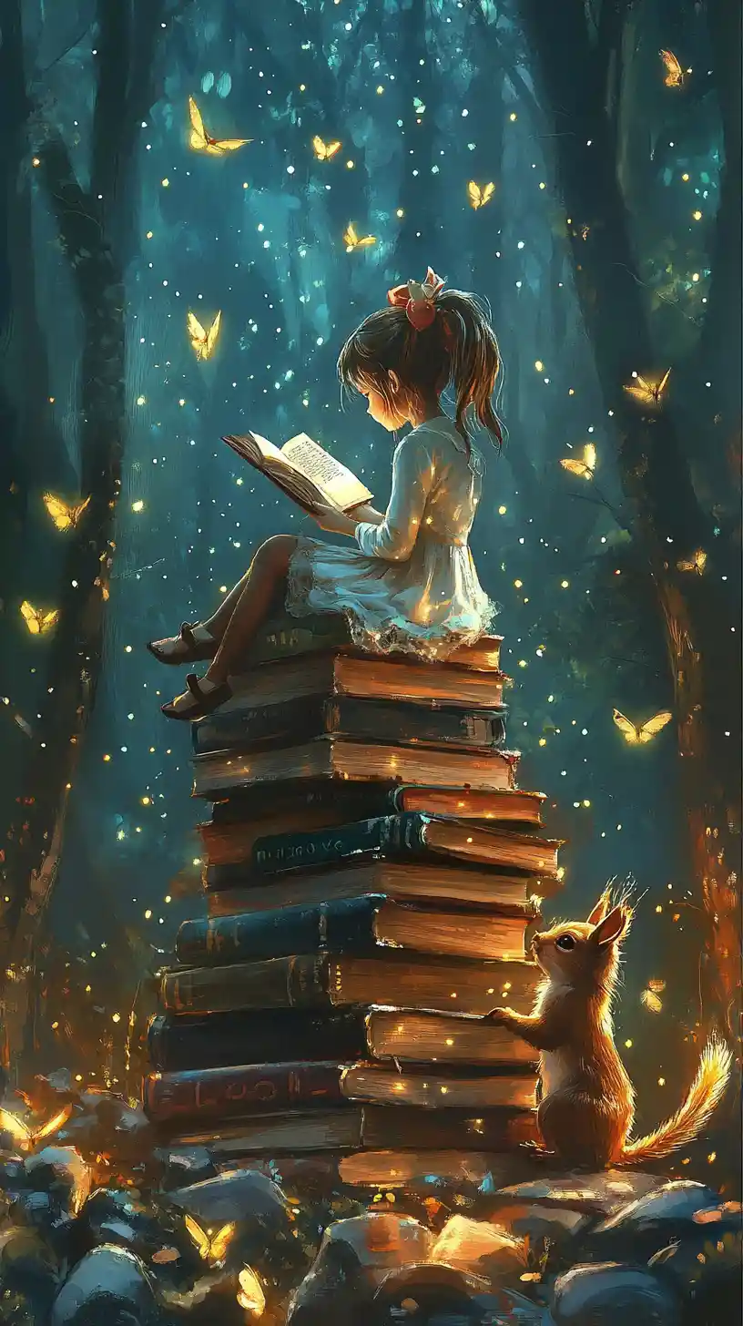 Cute Girl Reading On A Tower Of Books With Squirrel
