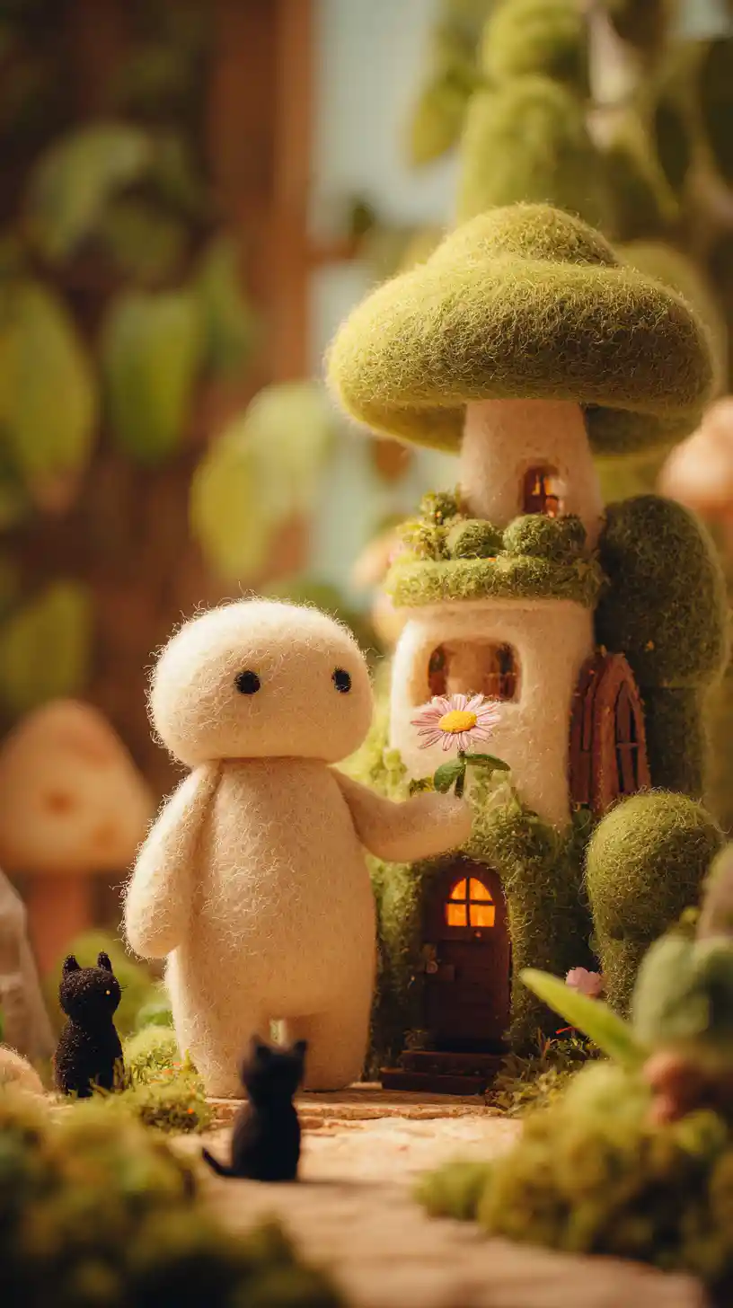 Felt character in a soft forest shrine scene