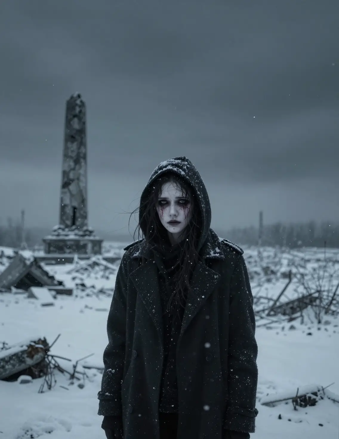 Lonely figure in a desolate winter landscape under gray skies