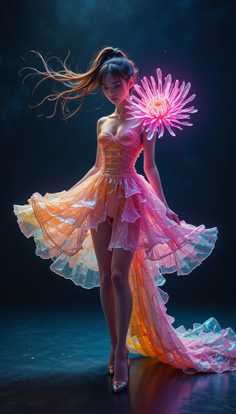 Vollkörperaufnahme einer Frau in surrealem Krümelkleid in dynamischer Pose