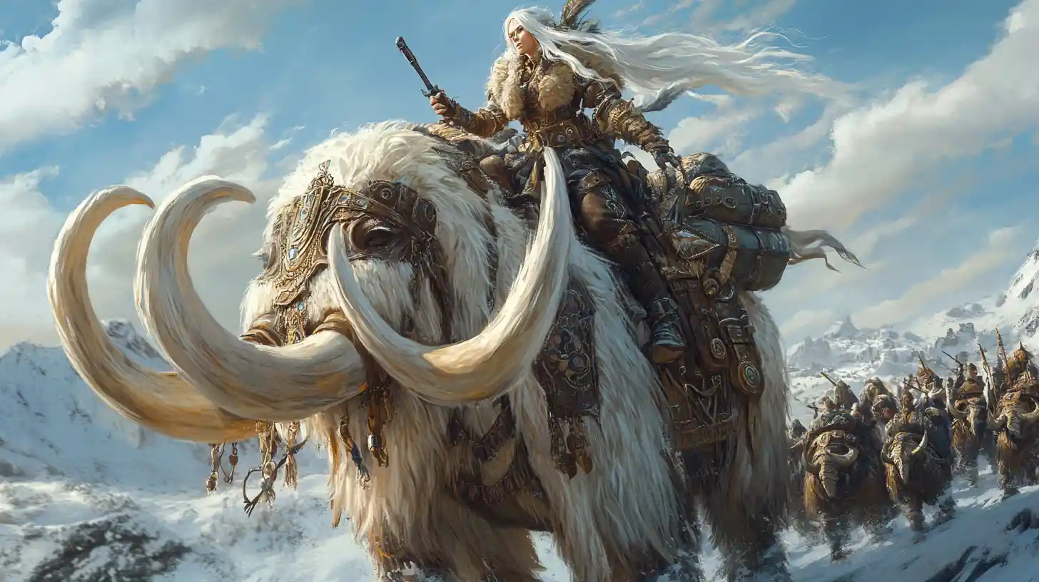 Steampunk-Barbarin auf einem wolligen Mammut nach Norden reitend