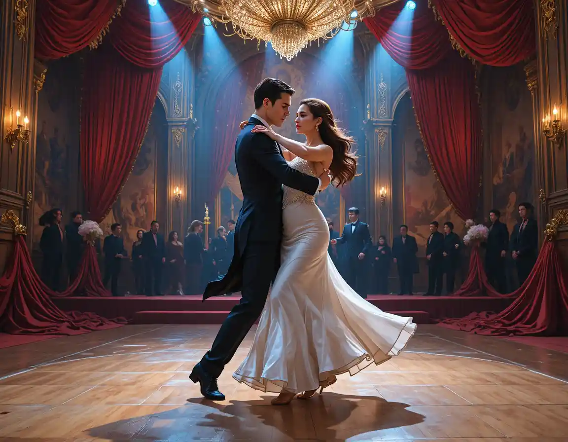 Elegant couple dancing tango on a luxurious gala stage