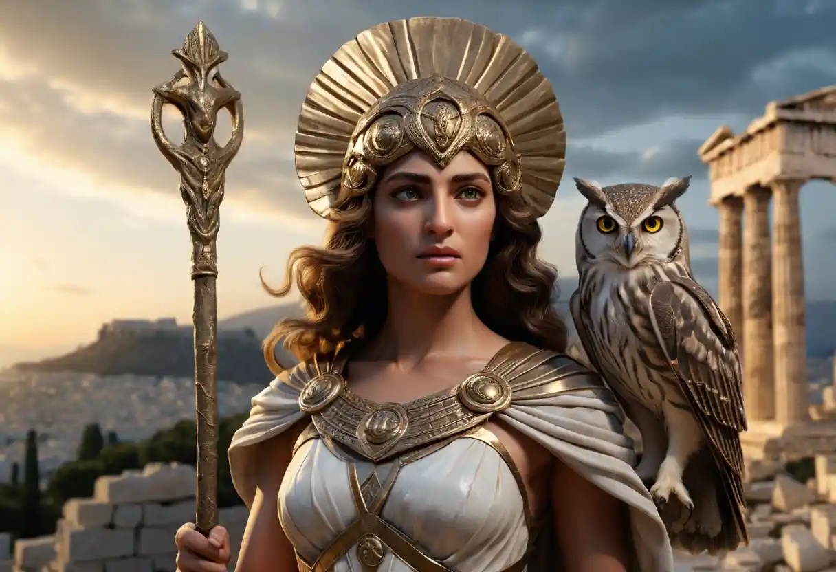 Divine warrior goddess in marble ruins at twilight