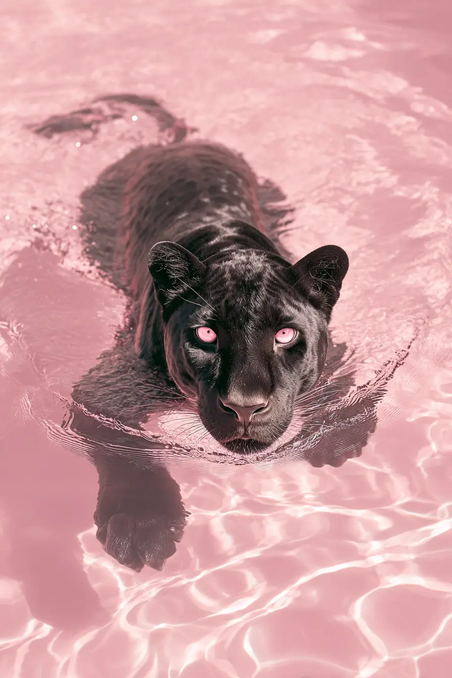 Leopard With Pink Eyes Emerging From Surreal Pink Water