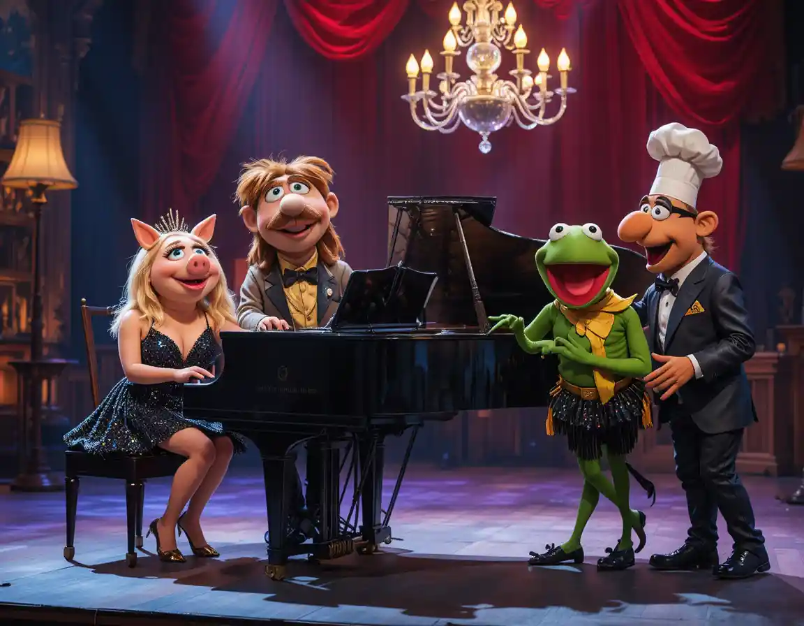 Colorful puppet band performing on glittering theater stage